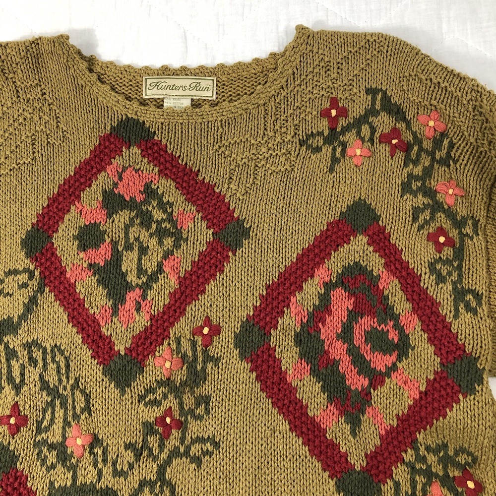 Hunters Run Sweater Women's Small Brown Red‎ Pink Floral Geometric Knit Vintage